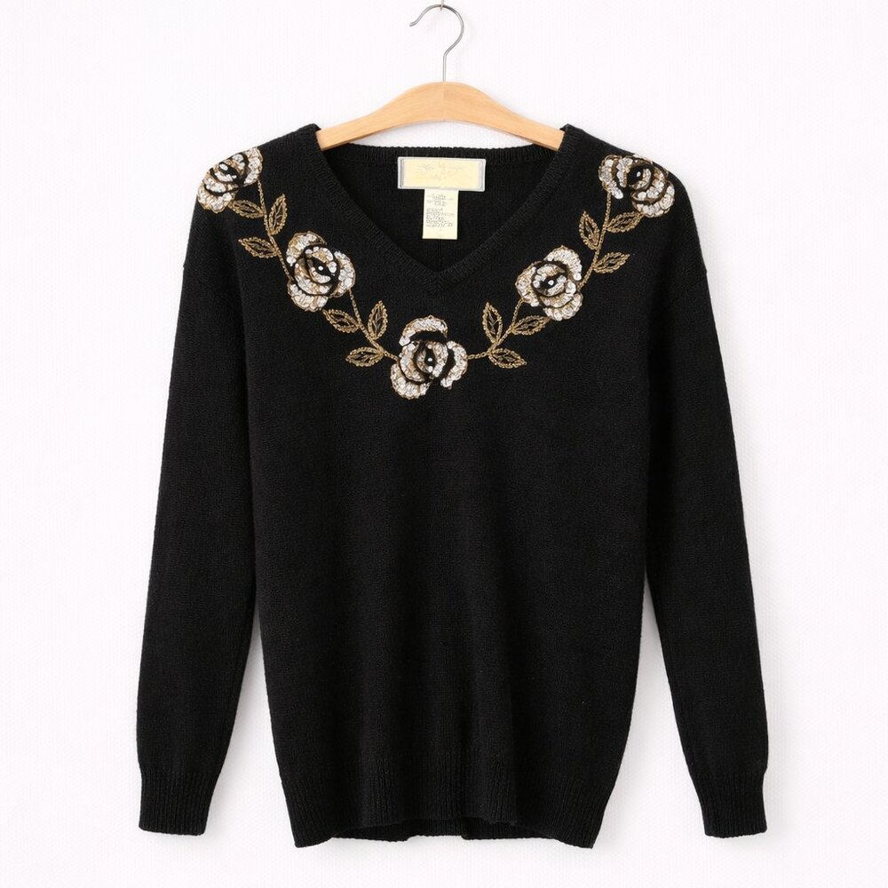 TAMRA | Vintage Black Angora Blend Sweater Gold Sequin Roses - Women's Small